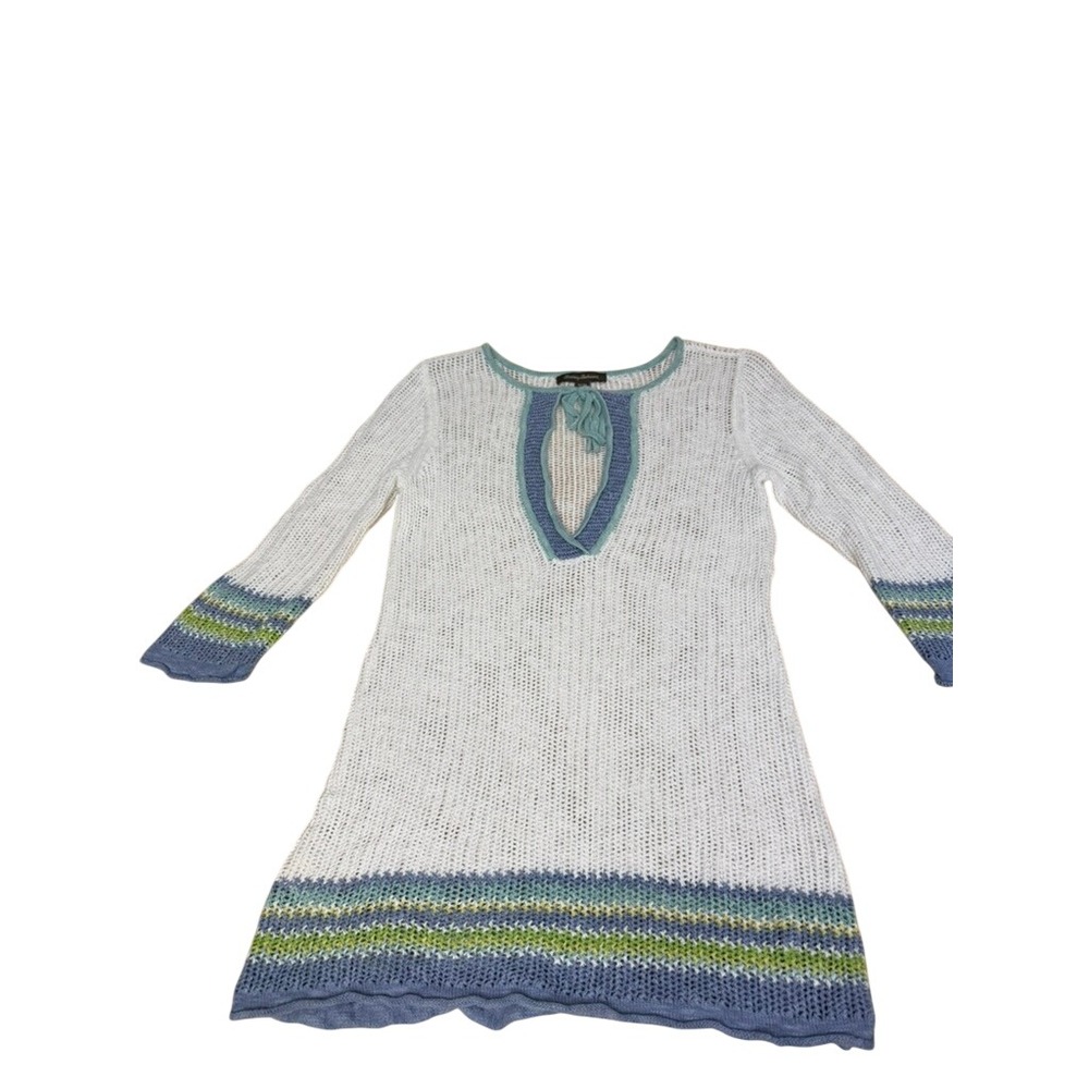 "Tommy Bahama" Womens Linen Cotton Open Knit Tunic Sweater White Blue M Beachy - Picture 2 of 9
